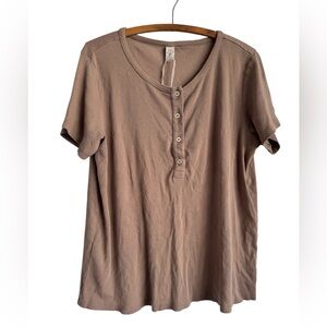 Katie Quinn Organic Cotton Ribbed Henley Tee Tan 3/4 Button NWOT Women’s Size XL